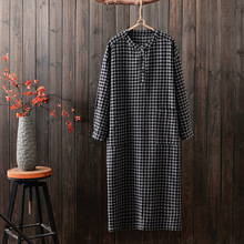 原创复古格子长袖连衣裙女春秋季新款气质显瘦宽松大码休闲中长裙