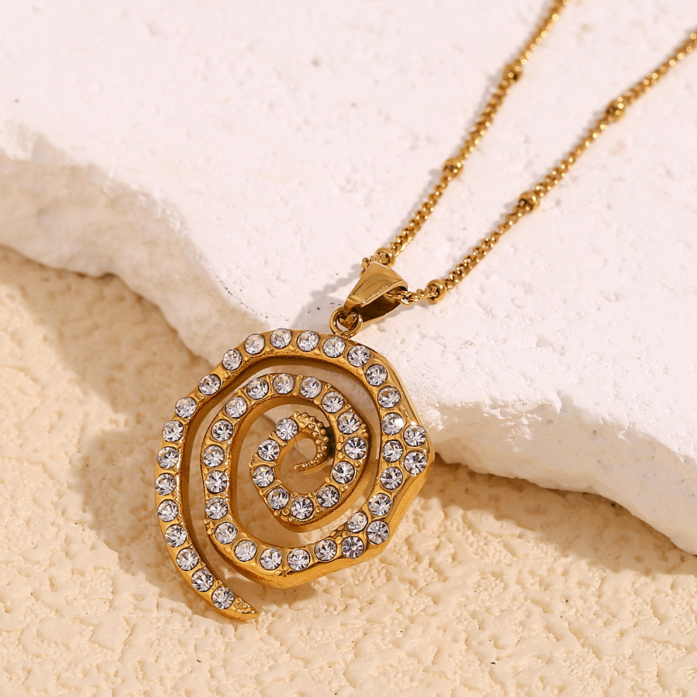 Full Diamond Spiral Pendant Stainless Steel Necklace