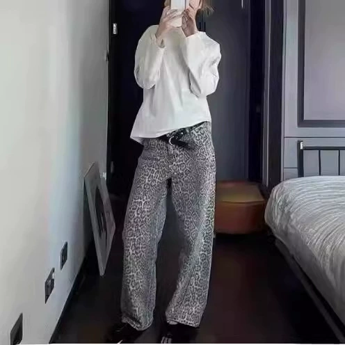 Трансграничная фабрика прямых продаж 2024 новый американский старый леопардовый узор широкие джинсы дизайн горячие девушки повседневные брюки