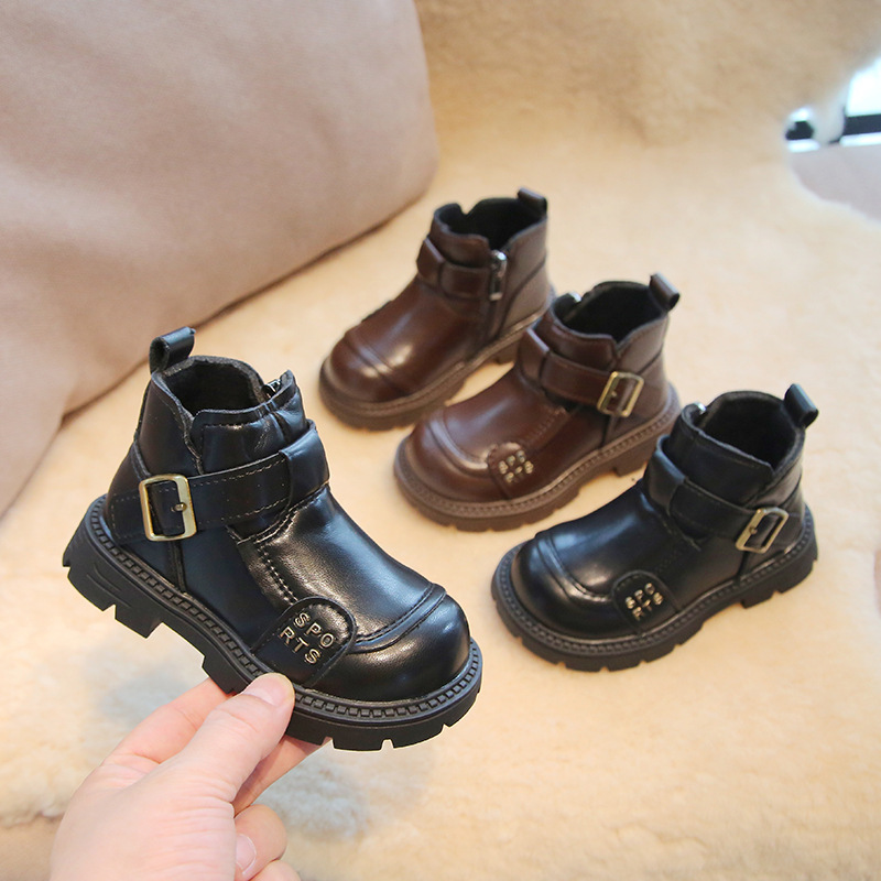 Boots Boys Autumn and Winter Leather Shoes 2025 New Popular Kidsren's Shoes Cotton Boots Fleece-Lined Warm Anti-Slip British Style Short Boots