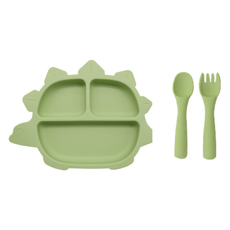 실리콘 [익룡 디너 접시 + 원형 손잡이 포크와 스푼] 워터 그린