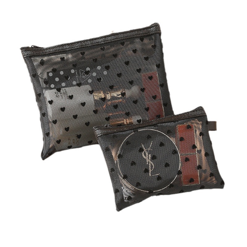 Bolsa de cosméticos de malla rosa de terciopelo con forma de corazón estilo Ins, bolsa de aseo transpirable de gran capacidad, almacenamiento de lápices labiales, bolsa de maquillaje transpirable.