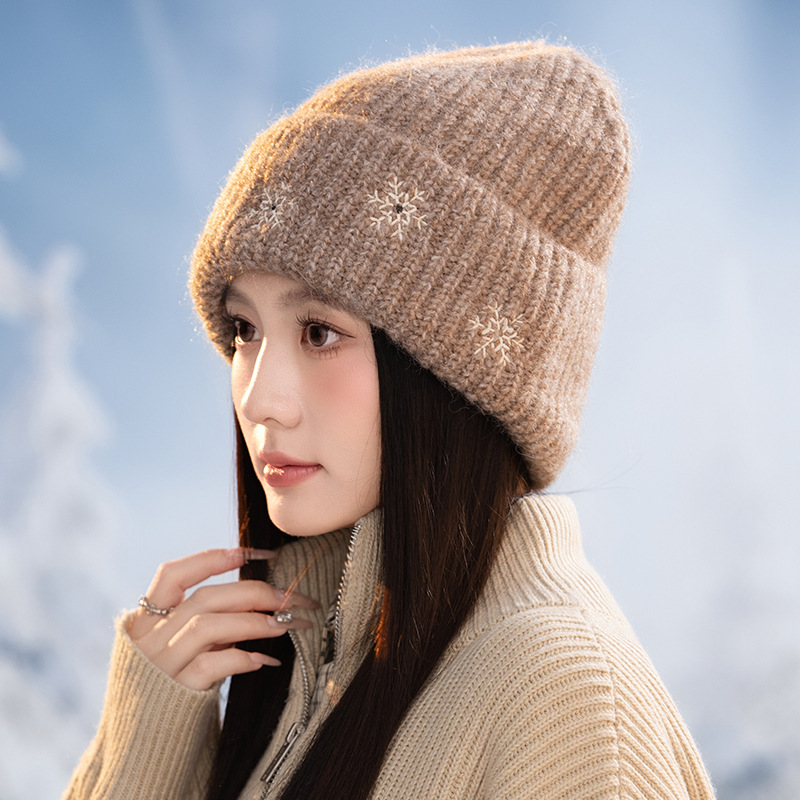 秋冬新款圣诞雪花毛线帽韩系百搭防风帽子女休闲保暖护耳套头帽新|undefined