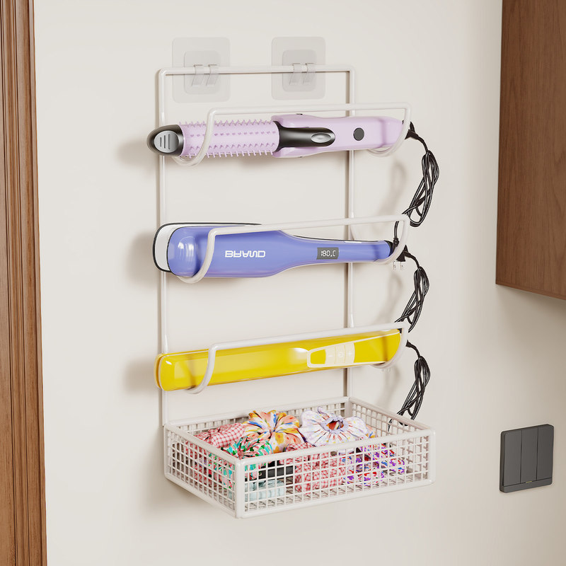 Hair curler storage rack, heat-resistant, no-drill wall hook, hair dryer, bathroom vanity, under-desk storage shelf