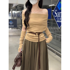 一字肩辣妹修身显瘦露肩上衣内搭打底衫长袖T恤女+腰带