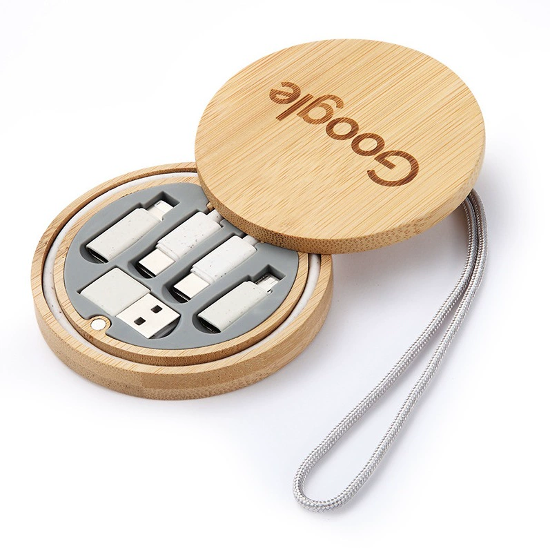 Универсальный кабель для зарядки данных в бамбуковой коробке 6-в-1, зажим для управления кабелем в бамбуковой коробке, биоразлагаемая соломинка, кабель для передачи данных мобильного телефона, деловые поездки