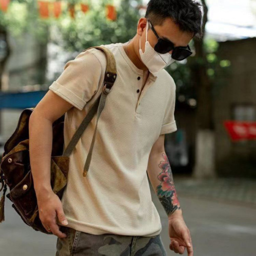 Men's Vintage American Short-Sleeve T-Shirt with Henry Collar, Honeycomb Weave, Trendy V-Neck Polo Shirt