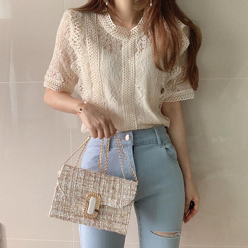Women's Summer New Lace Short-sleeved Solid Color Round Neck Crochet Hollow Loose All-match Western Style Shirt for Women and Women Women's Summer New Lace Short-sleeved Solid Color Round Neck Crochet Hollow Loose All-match Western Style Shirt for Women and Women