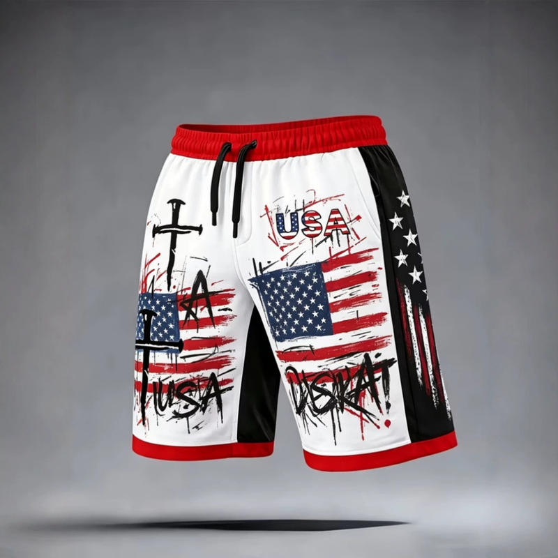 Men's American flag pattern shorts, elastic waistband with drawstring design, casual street style, basketball Men's American flag pattern shorts, elastic waistband with drawstring design, casual street style, basketball