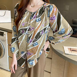 实拍2025早秋新款长袖印花设计感雪纺衬衣女宽松大码时尚衬衣现货