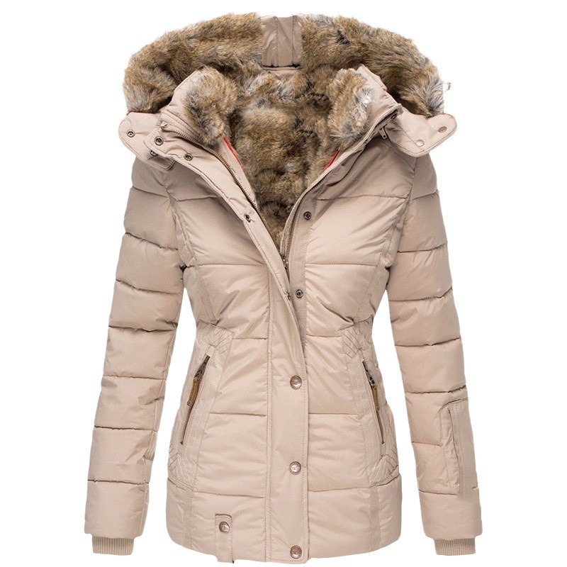 En stock Deseo Amazon invierno cálido Cuello de piel abrigo de algodón-acolchado cremallera de las mujeres de manga larga con capucha delgada abrigo de algodón-acolchado W128