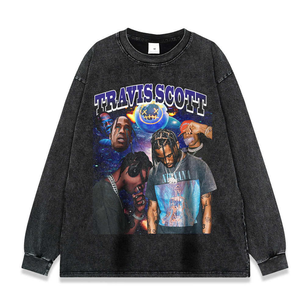 260g pesado copo de nieve frito de manga larga Camiseta americana retro alta calle moda marca suéter suelta Otoño e Invierno de los hombres y las mujeres de fondo