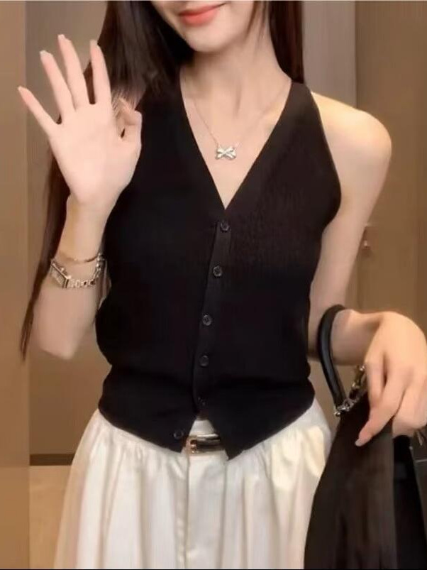우아한 V 넥 카미 솔 조끼 여성의 봄과 여름 순수한 욕망 스타일 민소매 짧은 카디건 탑 트렌디 한 아우터 웨어