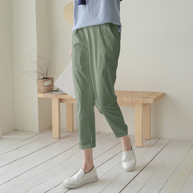 Women's High-Waisted Harem Pants 2026 Spring/Summer Casual Elastic Waist Cotton Linen Cropped Trousers Versatile Fashion_ecoleips.com