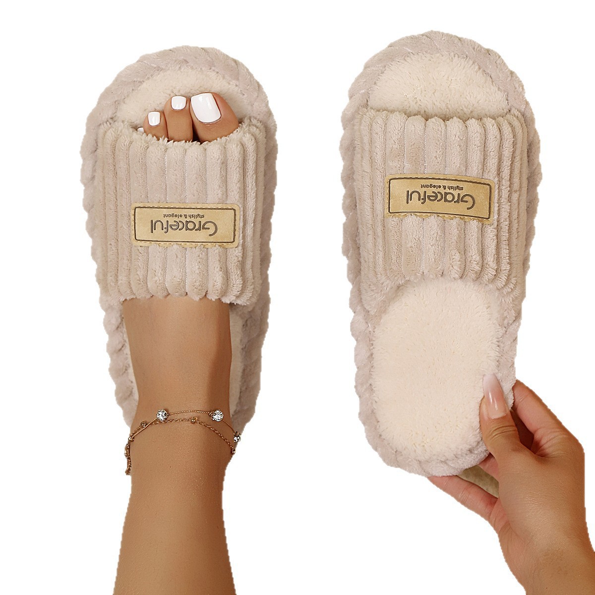 Muebles zapatos de algodón interior abierto cuatro estaciones zapatillas de lana transfronterizas TEMU antideslizante de fondo grueso para el hogar zapatillas de algodón peludo