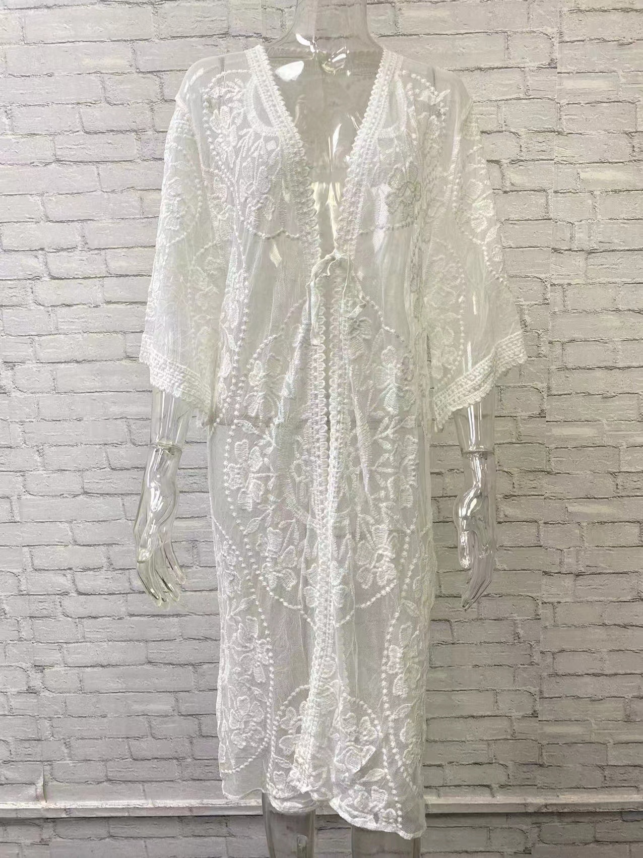 2023 primavera y verano europeo y americano suelta bordado malla blusa bikini blusa vacaciones playa cardigan transfronterizo mujeres