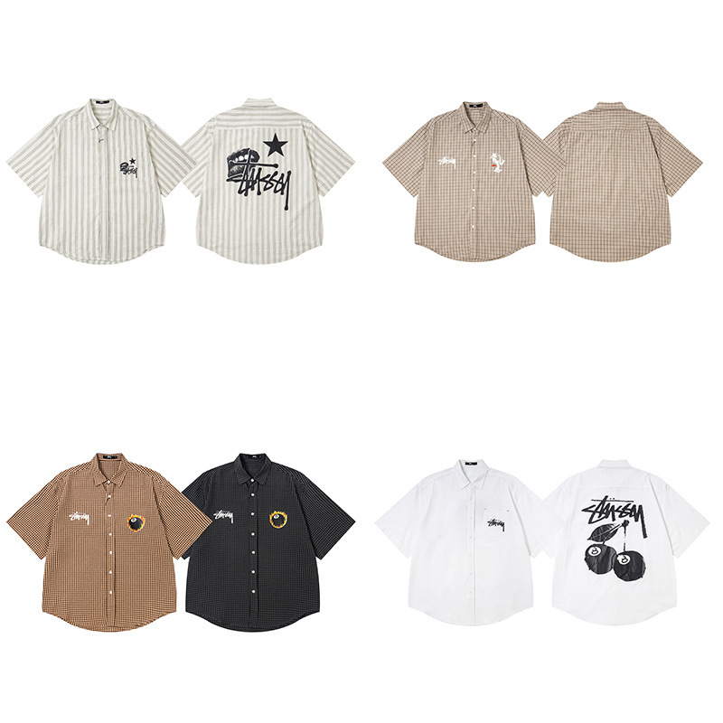 Cross-Border Stussy Japanese-Style Short-Sleeve Printed Shirt, New Loose Casual Plaid College-Style Shirt for Men and Women Cross-Border Stussy Japanese-Style Short-Sleeve Printed Shirt, New Loose Casual Plaid College-Style Shirt for Men and Women