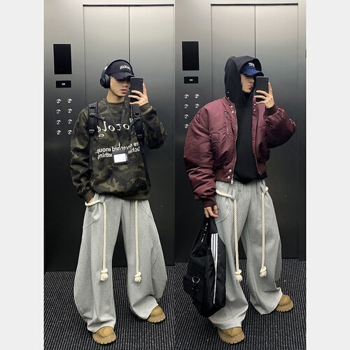 niche design, handmade thick rope, wide-leg, machete pants, men's American retro sweatpants, loose mop casual pants