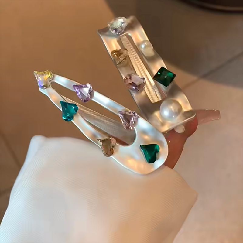 Kleurrijke edelsteen retro elegante zilveren legering Parel Strass eendenbek clip haarspeld meisje Hart zij pony clip_voghion.com