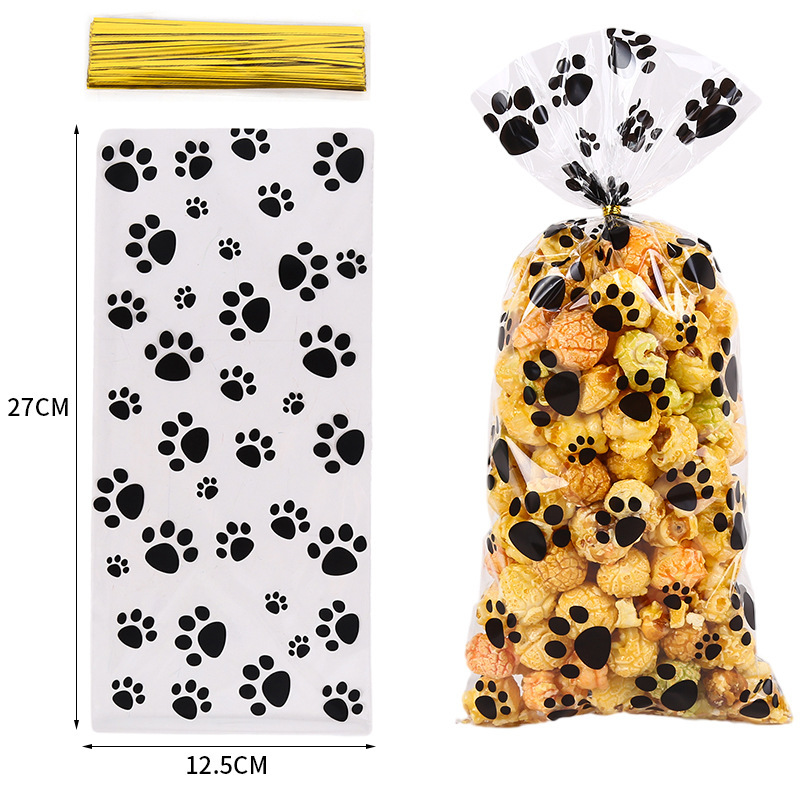 OPP bolsa de papel de vidrio plano transparente huellas de cachorro bolsa de embalaje de caramelo galleta snack regalo bolsa de embalaje Alambre de lazo