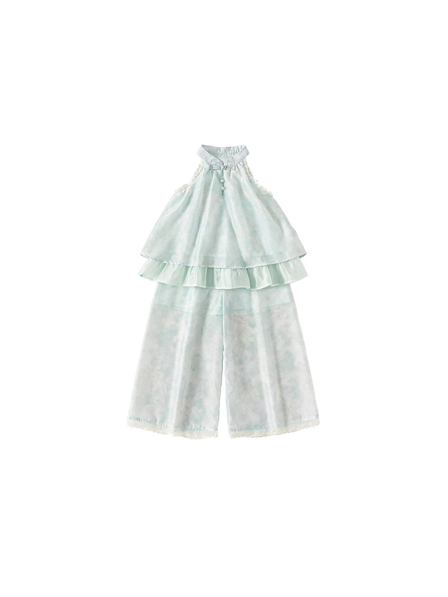 Ropa de niños Youbao de verano para niños grandes trajes de niñas camisas colgantes de cuello estilo nacional de malla de niñas pantalones de piernas anchas de encaje dos conjuntos