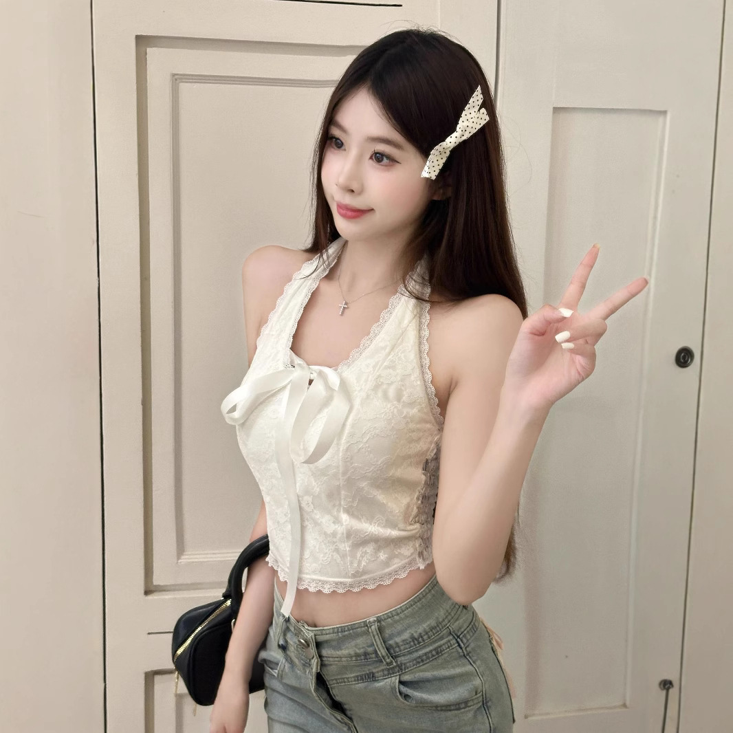 甜辣掛脖蝴蝶結吊帶背心蕾絲V領純欲提花修身系帶露背上衣女2042
