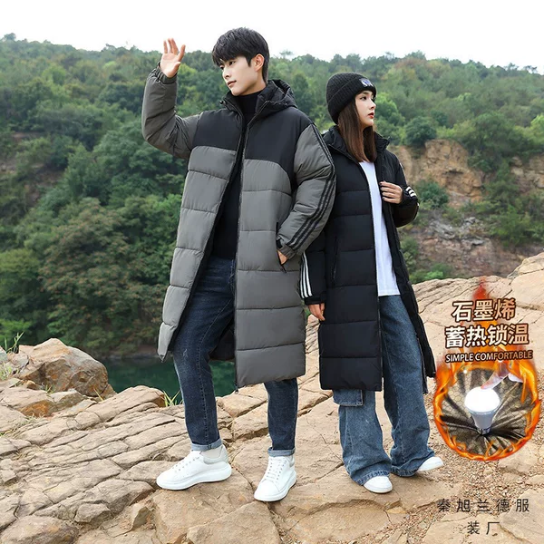 Cross-border winter long cotton coat, over-the-knee, three-stripe design, graphene-lined, hooded, warm, fashionable, and sporty outerwear