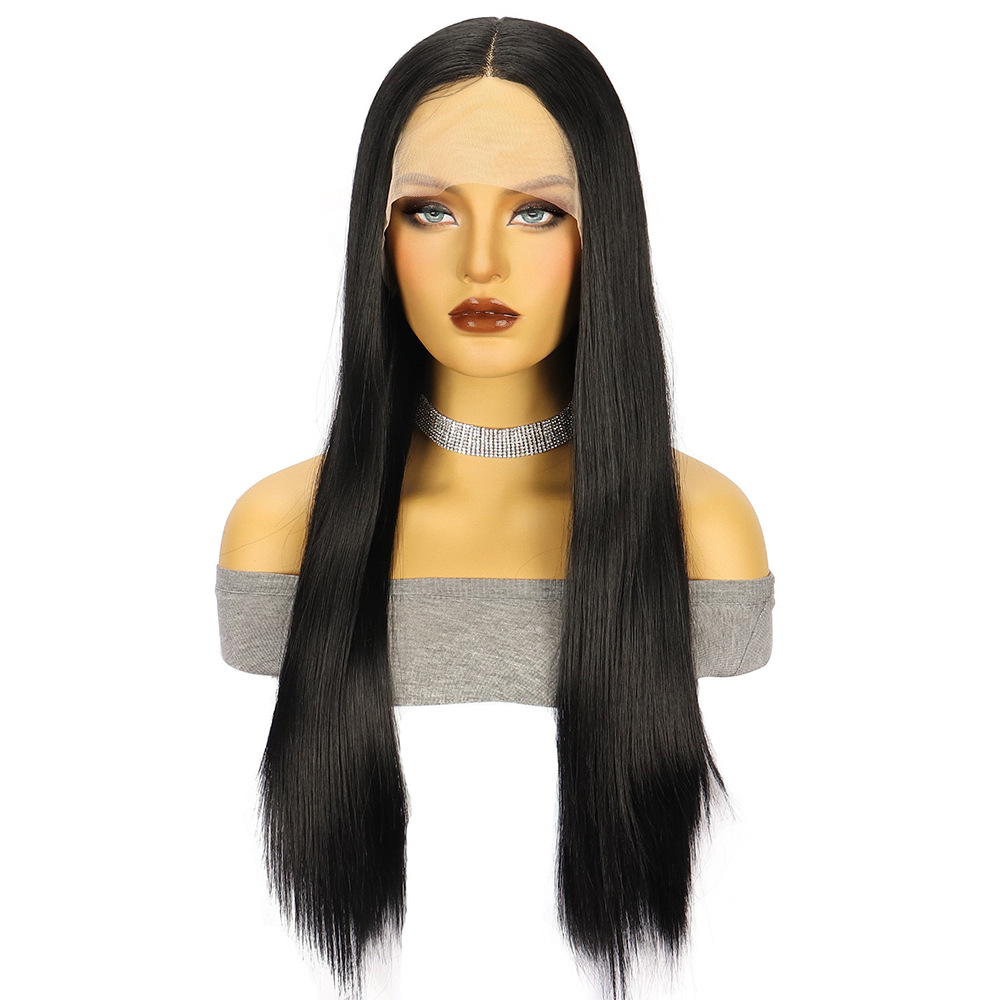 Cross-border European and American fashion wig women's front lace black long straight hair chemical fiber wig headgear wigs wholesale 26inch