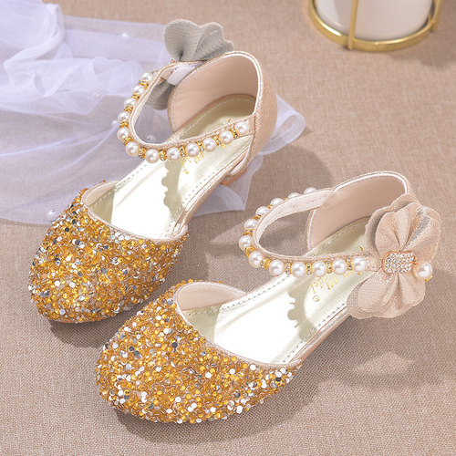 Children's High Heels, Girls' Princess Formal Shoes, Children's Crystal Shoes, Single Shoes, Pearl Sparkle Stage Performance Shoes