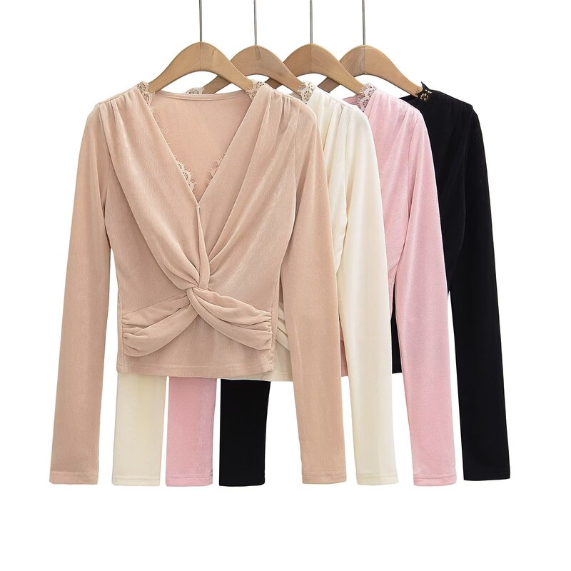 Sexy Spice Girl Cross Kink Long Sleeve V-Neck Lace T-Shirt French Elegant Slim-Fit Short Top Inner Base Shirt Sexy Spice Girl Cross Kink Long Sleeve V-Neck Lace T-Shirt French Elegant Slim-Fit Short Top Inner Base Shirt