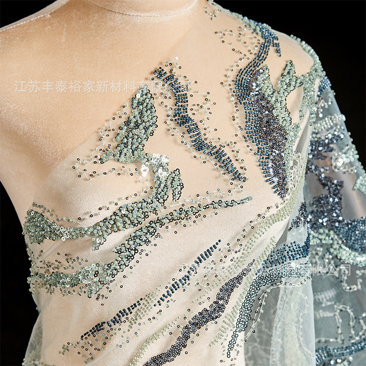 Tejido de sequilla tela de ropa azul hilo de malla tela flor sequilla cuentas de clavado cuentas de perforación vestido de alta gama