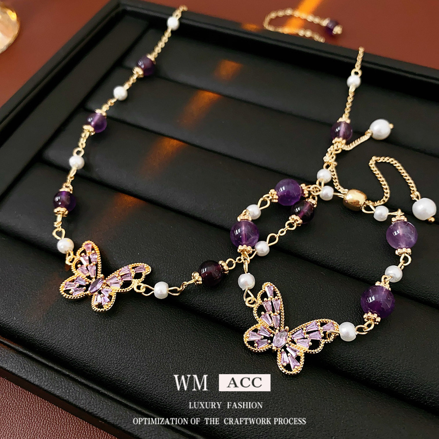 Zircon mariposa amatista pulsera de perlas de moda de viaje universal collar dulce conjunto de joyas de nicho de alta calidad