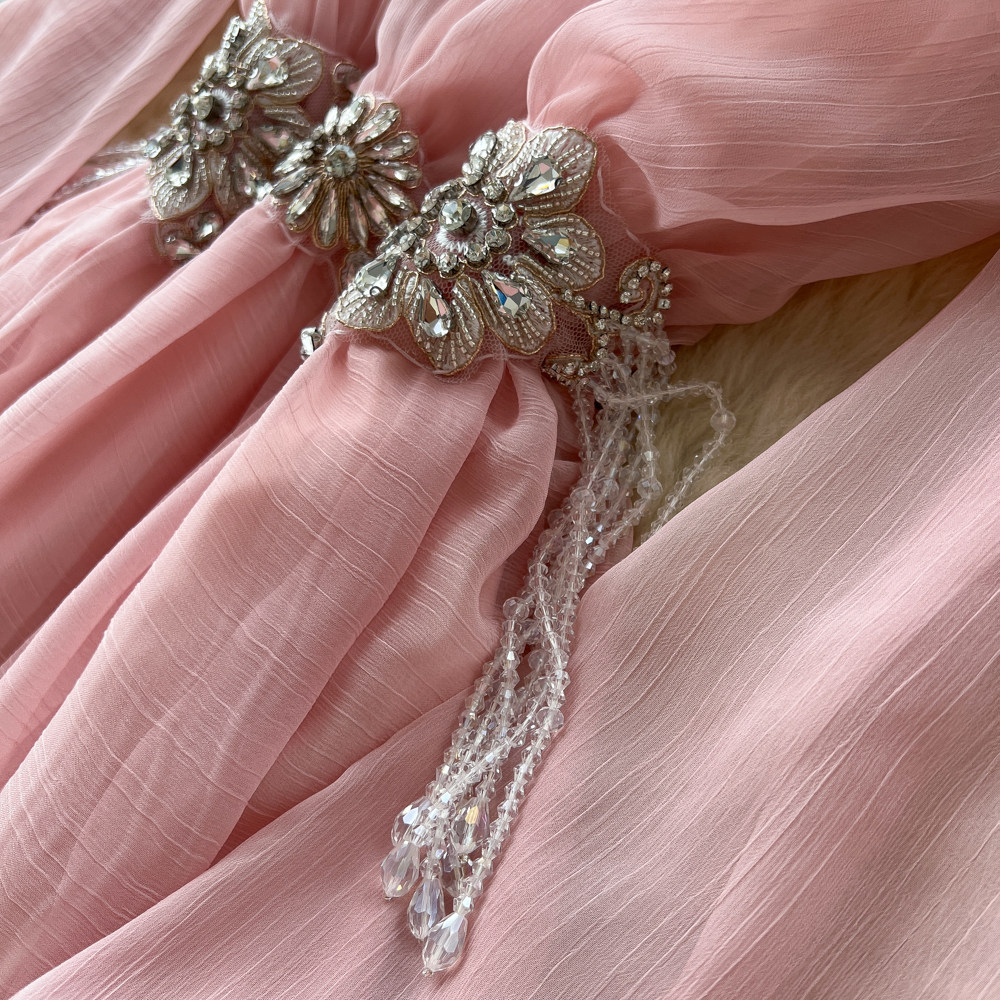 Elegant V Neck Dress Korean Style Rhinestone Embellished Waist Cinching Slimming Sophisticated Long Dress Lantern Sleeve_ecoleips.com