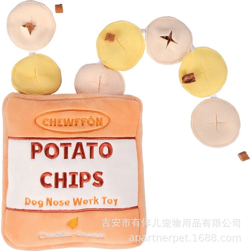 Squeaky Potato Chip Toy, Richly Textured Plush Toy for Dogs, Potato Chip Bag with Sniffing Rope, Interactive Teething Toy