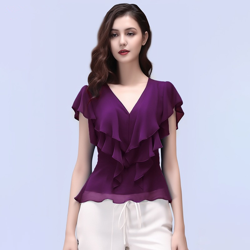 女性用フリルシフォンシャツ、半袖トップス、気質半袖スリムフィットTシャツ、万能シャツ、2025年夏|undefined