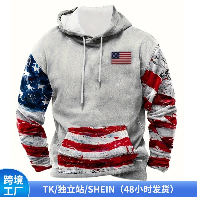 Cross-Border 3D Printing American Men's Casual Sweatshirt American Flag Pattern Hoodie Loose Autum Clothing Wholesale