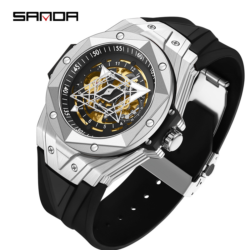 Sanda New 7014 Hollow Men's Automatic Mechanical Watch Fashion Cool Creative Men's Watch Silicone Watch