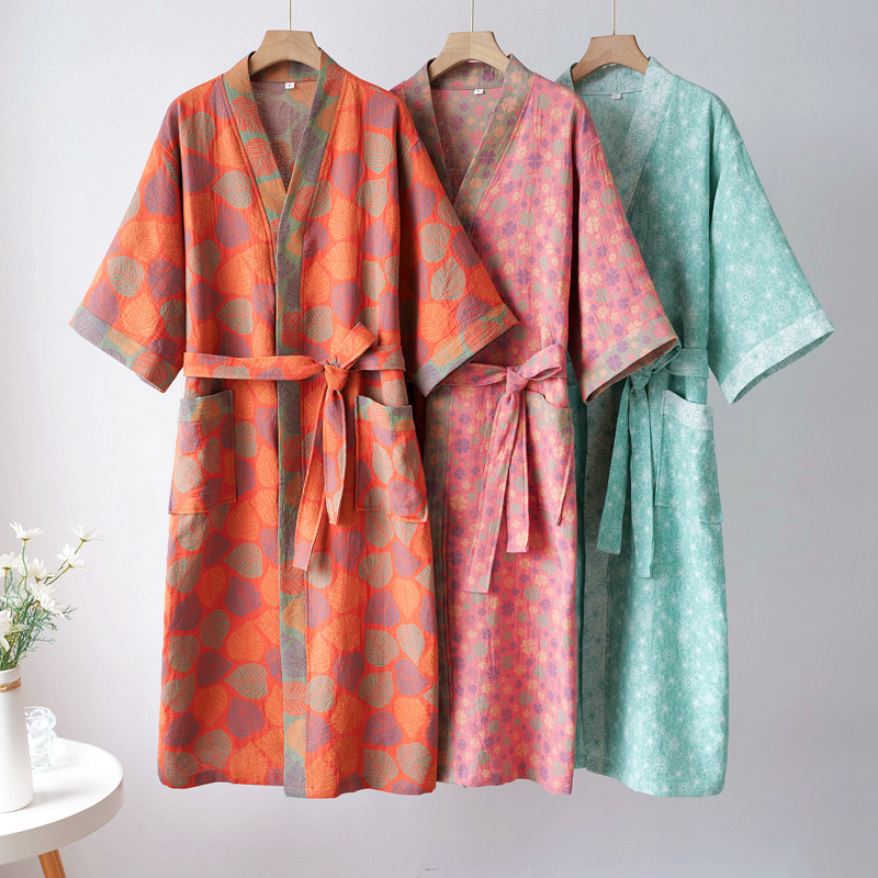 Men's and women's cotton double gauze bathrobe pajamas yarn-dyed jacquard quick-drying bathrobe home clothing nightgown manufacturers wholesale