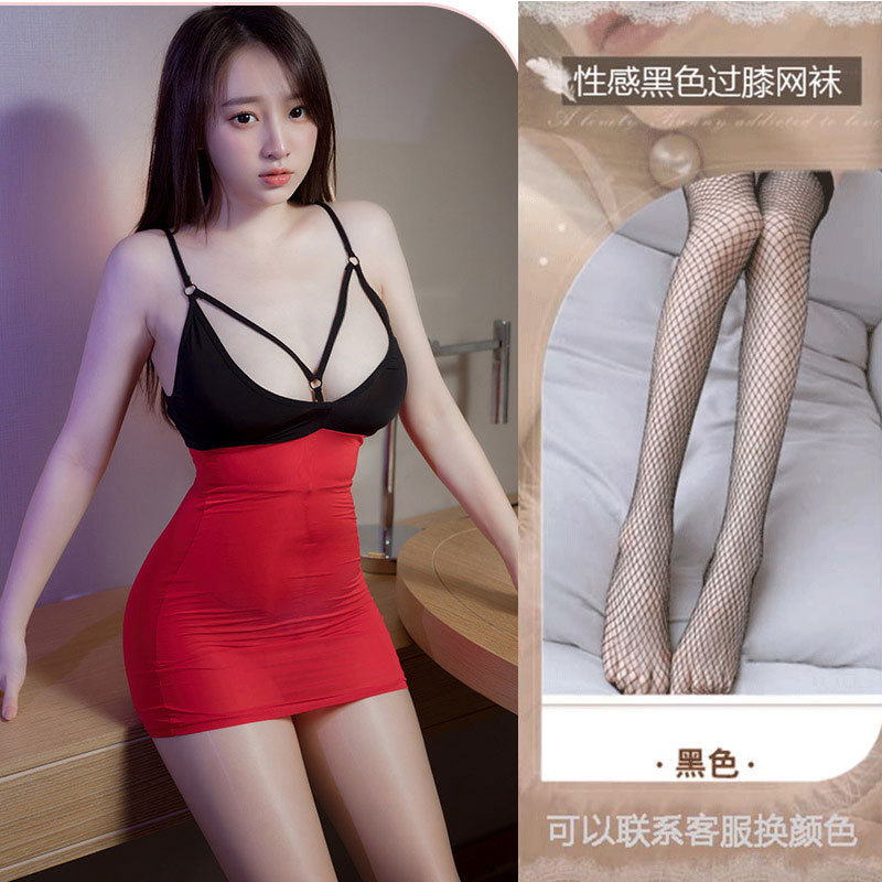 블랙 레드 + 블랙 그물 스타킹