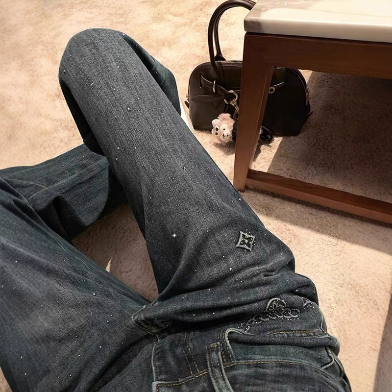 Vintage Heavy-Duty Rhinestone Straight-Leg Jeans for Women, Autumn and Winter 2025 New Loose Slimming Drape Wide-Leg Pants