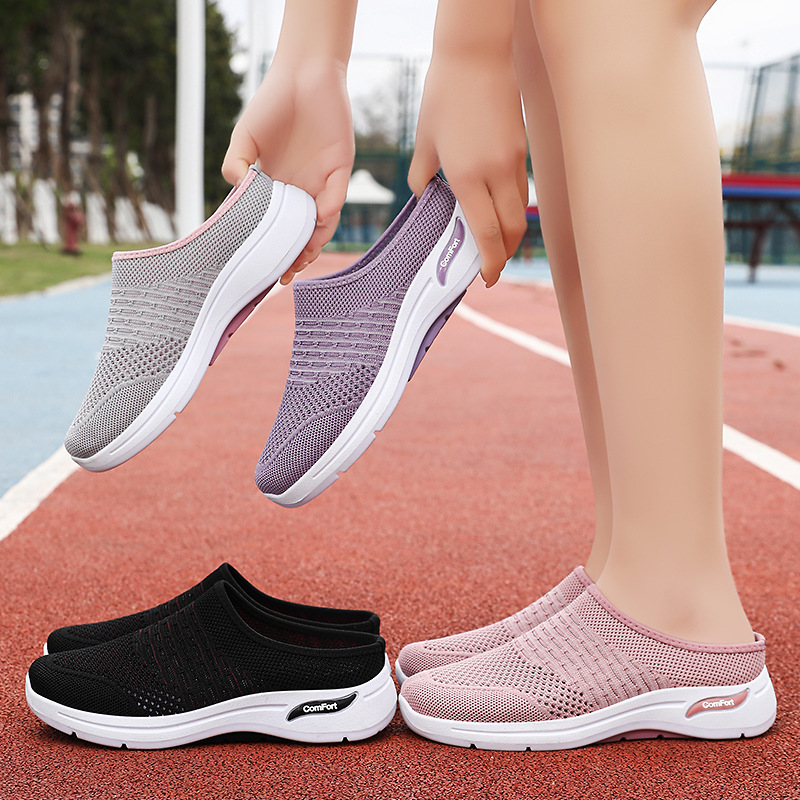 Zapatos de mujer verano nuevo estilo malla transpirable de un pie tejido volador suela suave zapatos casuales zapatos mujer todo fósforo medio arrastre al por mayor