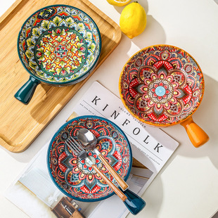Bohemian Ceramic Single Handle Bowl Creative Embossed Handle Bowl Underglaze Color Salad Bowl Dessert Bowl Household Bowl Wholesale