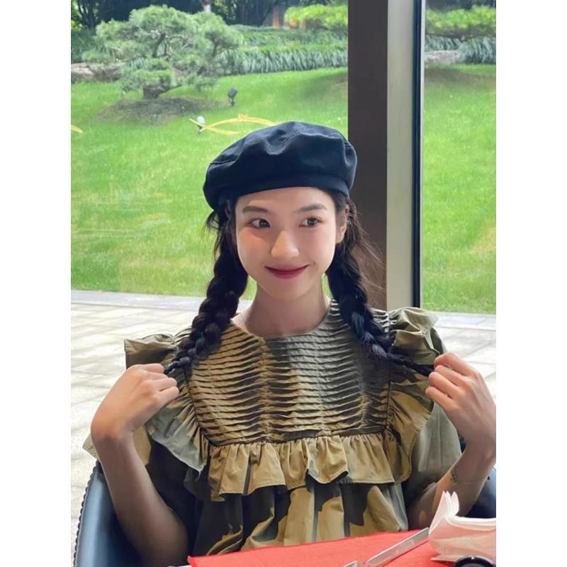 (2개) 작은 검은 면 베레 여성 복고풍 간단한 한국 모자 2023 새로운 얇은 화가 모자 봄과 여름