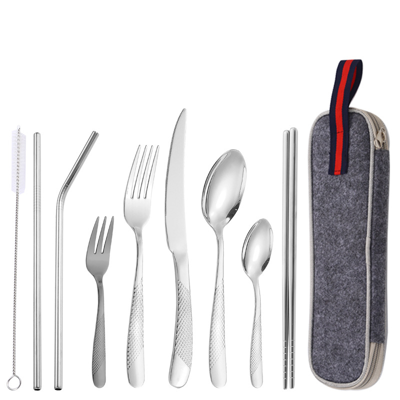 Diamante estrella cuatro piezas principales transfronterizo cuchillo, tenedor y cuchara de paja 9 piezas traje de paja de acero inoxidable directo de fábrica