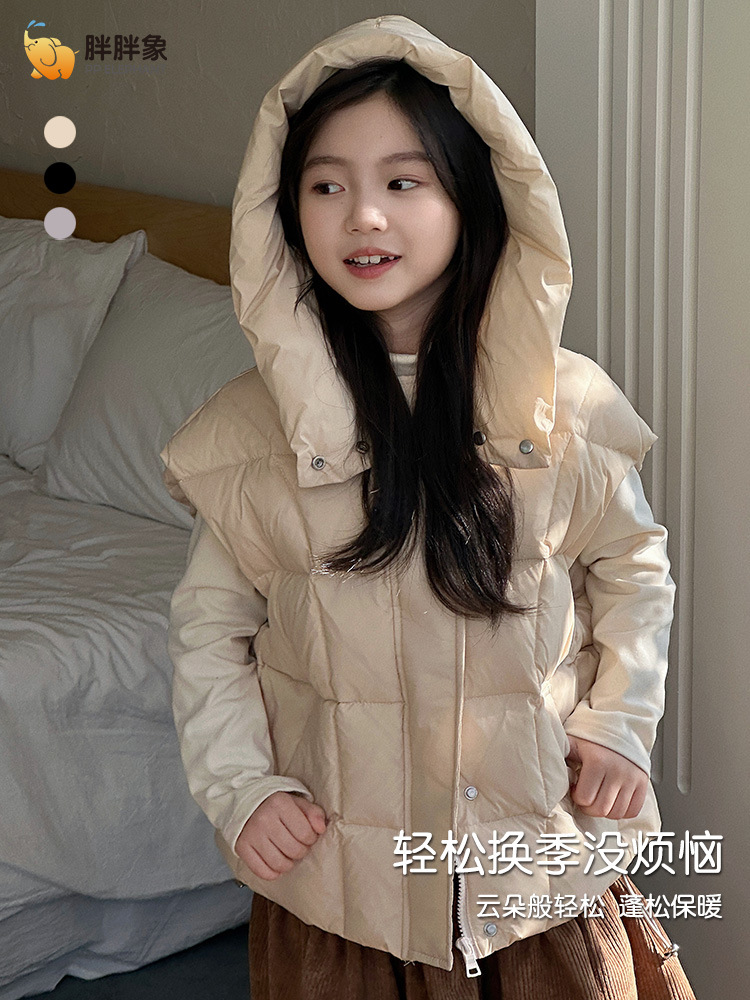 Hombres y niñas chaleco de pluma otoño y invierno 2024 nuevo tipo de niños, niños mayores, bebés encapuchados, chaqueta universal, ropa exterior caliente