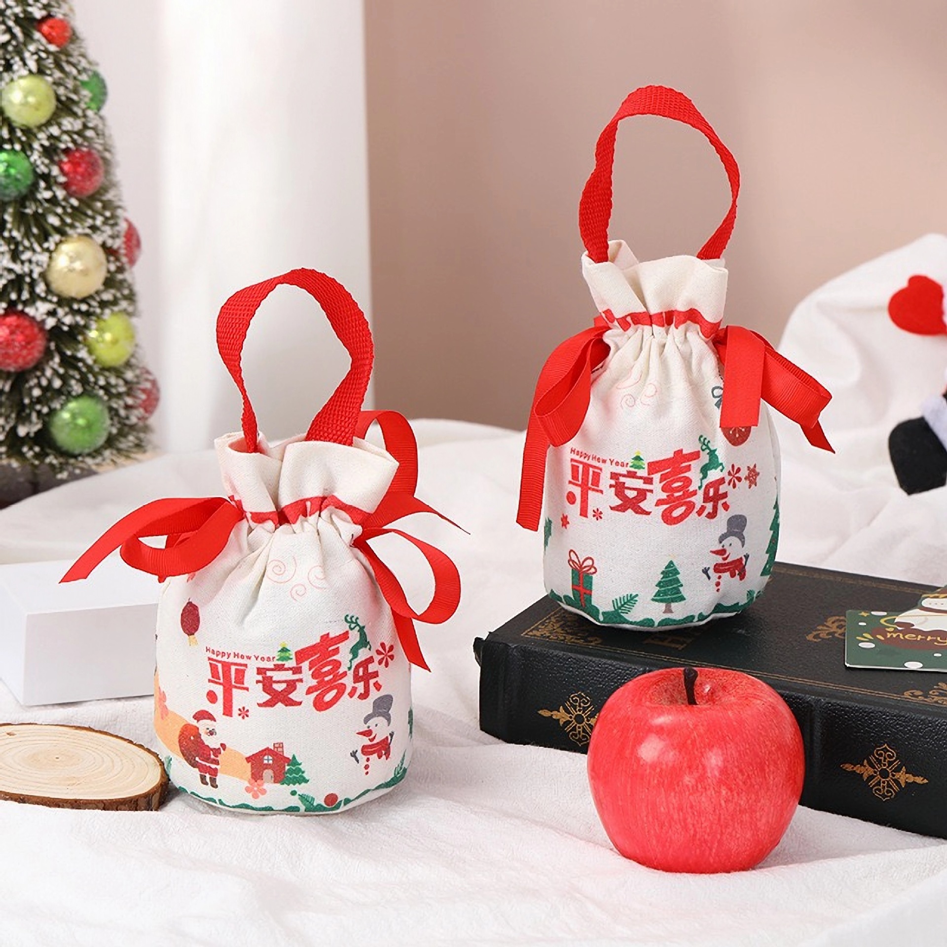 Navidad transfronterizas Santa Fe canvas bolsas de mano Nochebuena Navidad paquete de bolsas de regalo de dulces para niños bolsas de regalo