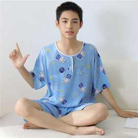 夏季宽松青少年短袖短裤棉绸睡衣套装男大童绵绸家居服高初中学生
