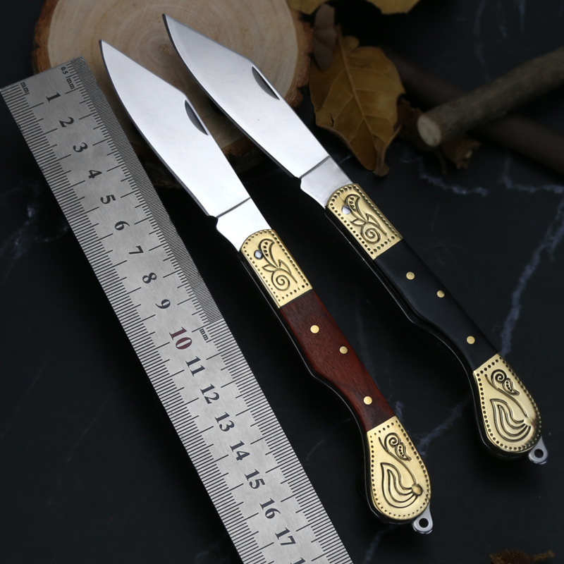 不锈钢精美手工折叠小刀 黄铜彩木柄小刀 户外便携锋利民族折刀