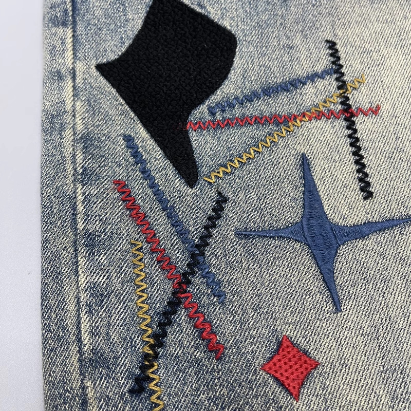 Men's Heavyweight Washed Distressed Denim Jeans Casual Tapered Straight Leg mid Waist Cotton Zipper Fly with Patches Embroidered Prints_mkmklike.com