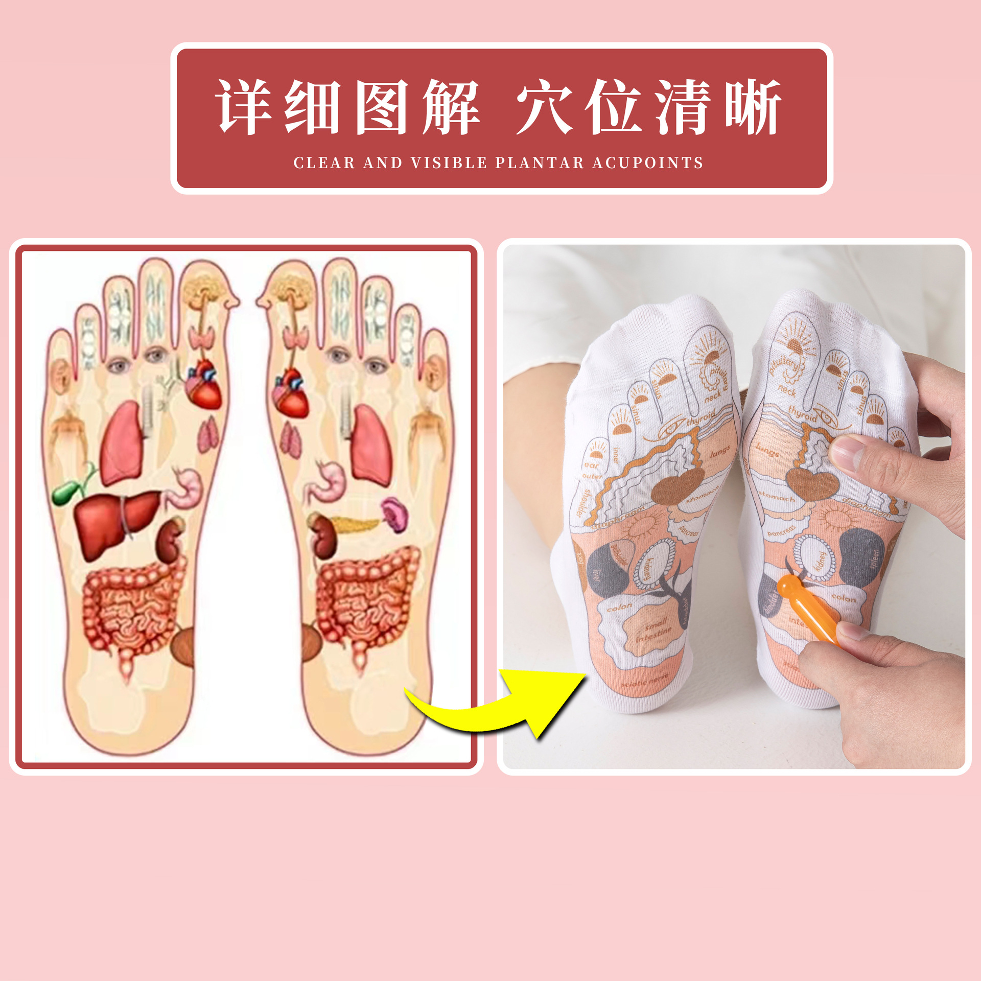 Calcetines de punto de acupuntura en inglés Reflexión de la suela Ilustración de punto de acupuntura Colores transfronterizos Terapia de pies Cuidado de la salud Calcetines de masaje